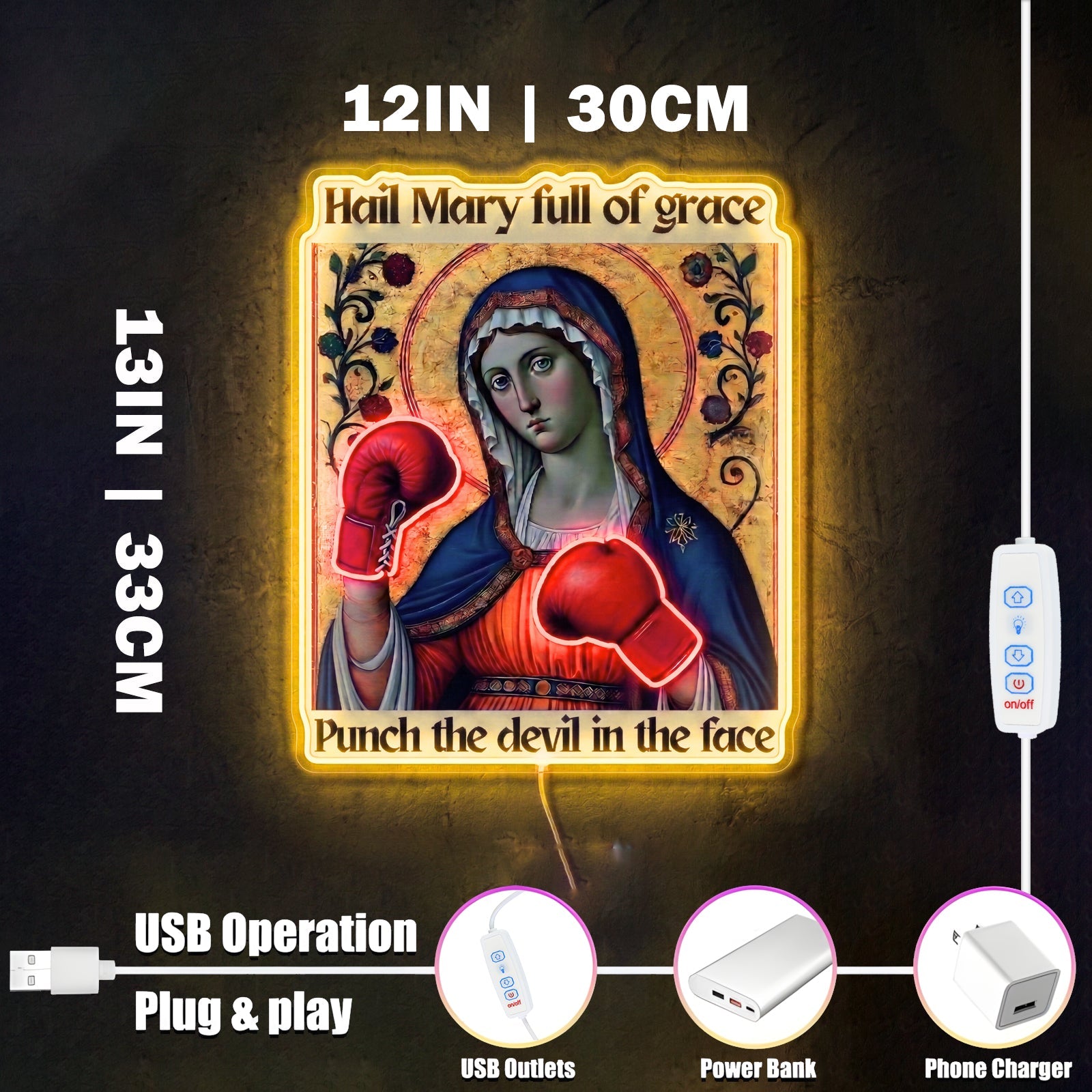 ShineNeon™ Punch The Devil Boxing Mary Neon Sign - Holy Art Glow & USB Power - Shineneon
