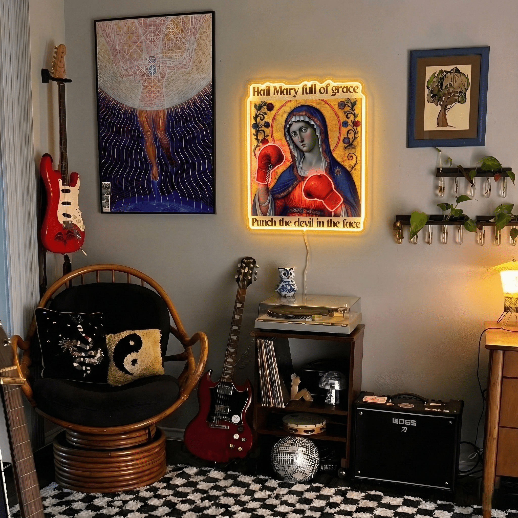 ShineNeon™ Punch The Devil Boxing Mary Neon Sign - Holy Art Glow & USB Power - Shineneon