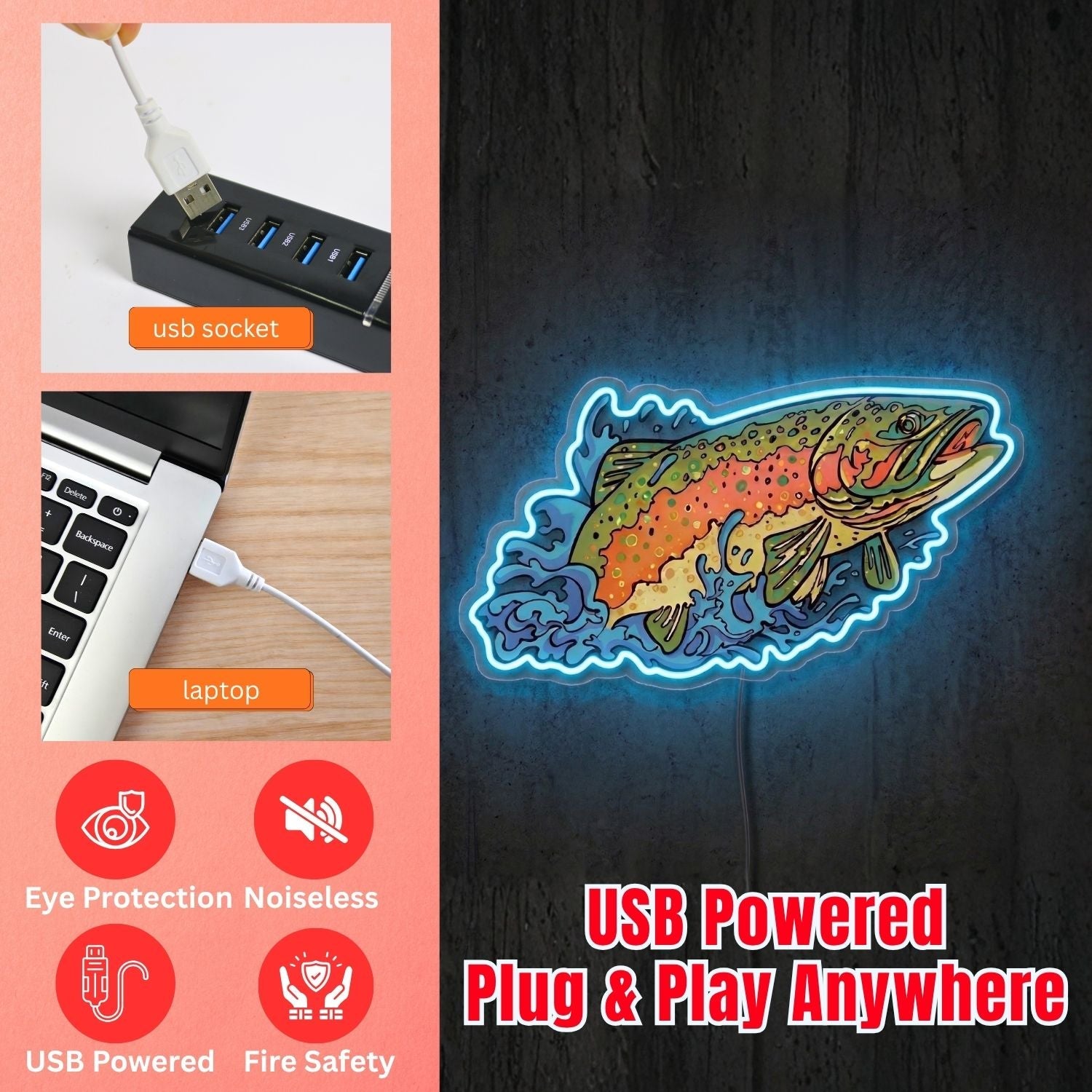 ShineNeon™ Rainbow Trout Splash neon sign USB Power - Shineneon