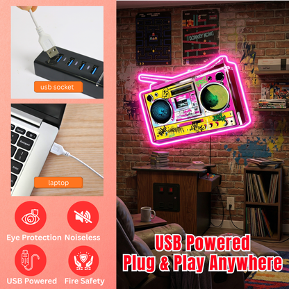 ShineNeon™ Retro 90s Boombox LED Neon Sign - Graffiti Street Art Music Studio Vibe USB Power - Shineneon