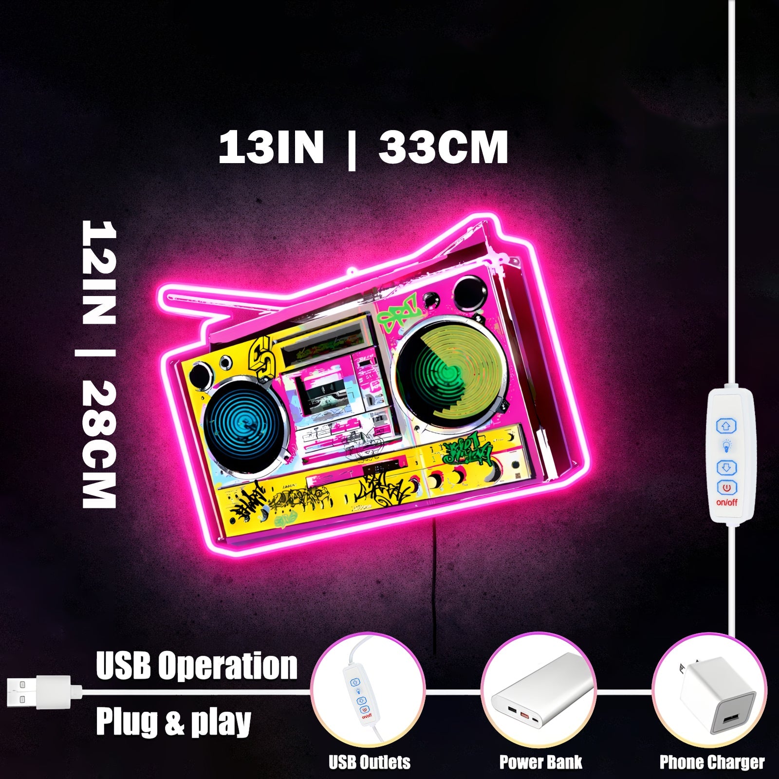 ShineNeon™ Retro 90s Boombox LED Neon Sign - Graffiti Street Art Music Studio Vibe USB Power - Shineneon