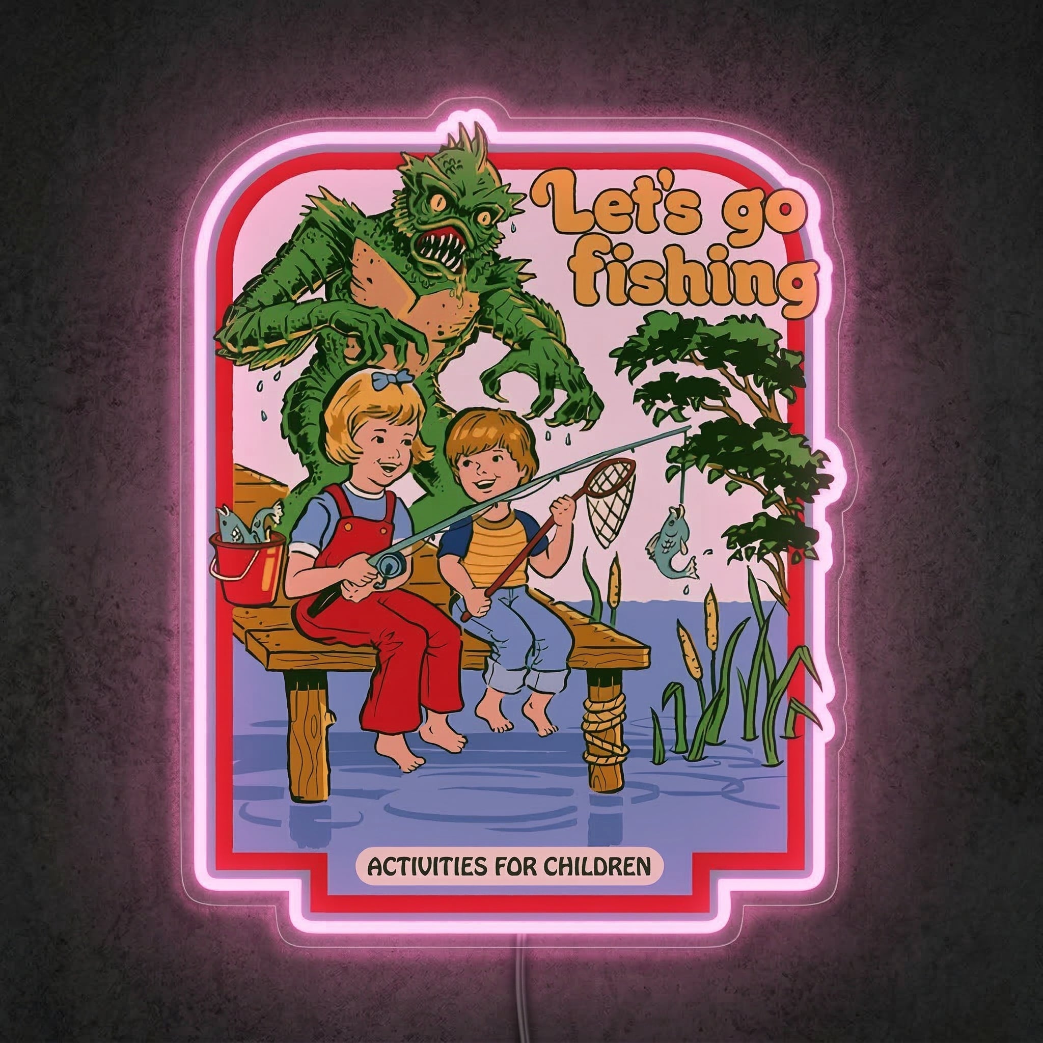 ShineNeon™ Retro Let's Go Fishing Neon Sign Funny Horror Creature Wall Decor USB Power - Shineneon