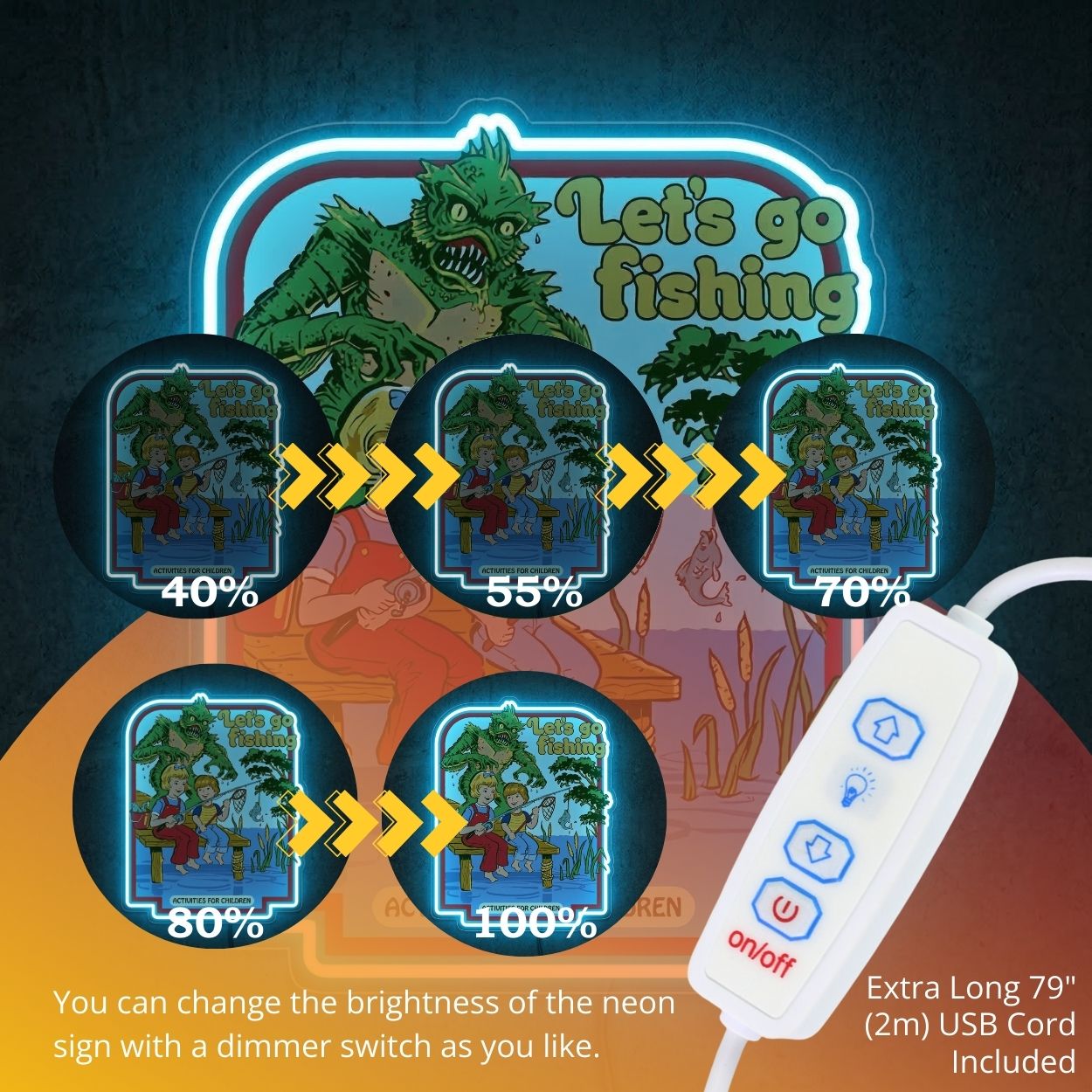 ShineNeon™ Retro Let's Go Fishing Neon Sign Funny Horror Creature Wall Decor USB Power - Shineneon