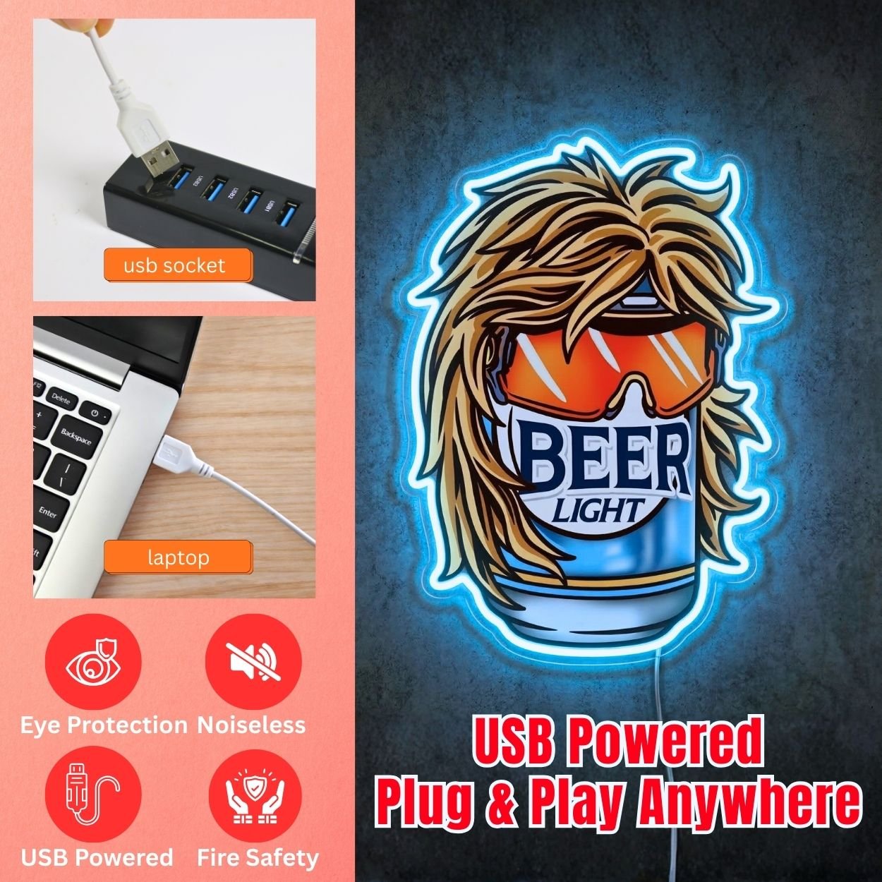 ShineNeon™ Retro Mullet Beer Can Neon Sign Funny 80s Party Man Cave Decor USB Power Neon Sign - Shineneon