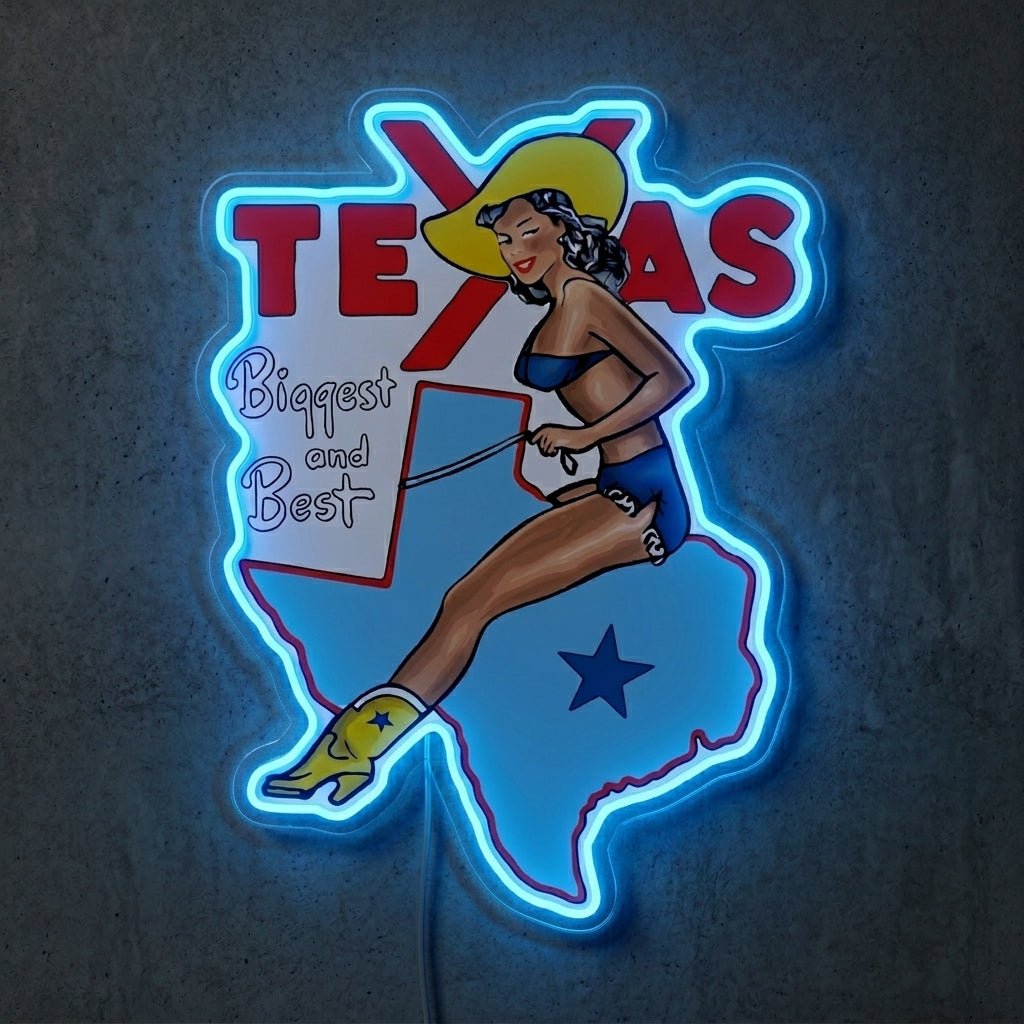 ShineNeon™ Retro Texas Pin - Up Girl Neon Sign Vintage Western Map Art Decor USB Power - Shineneon