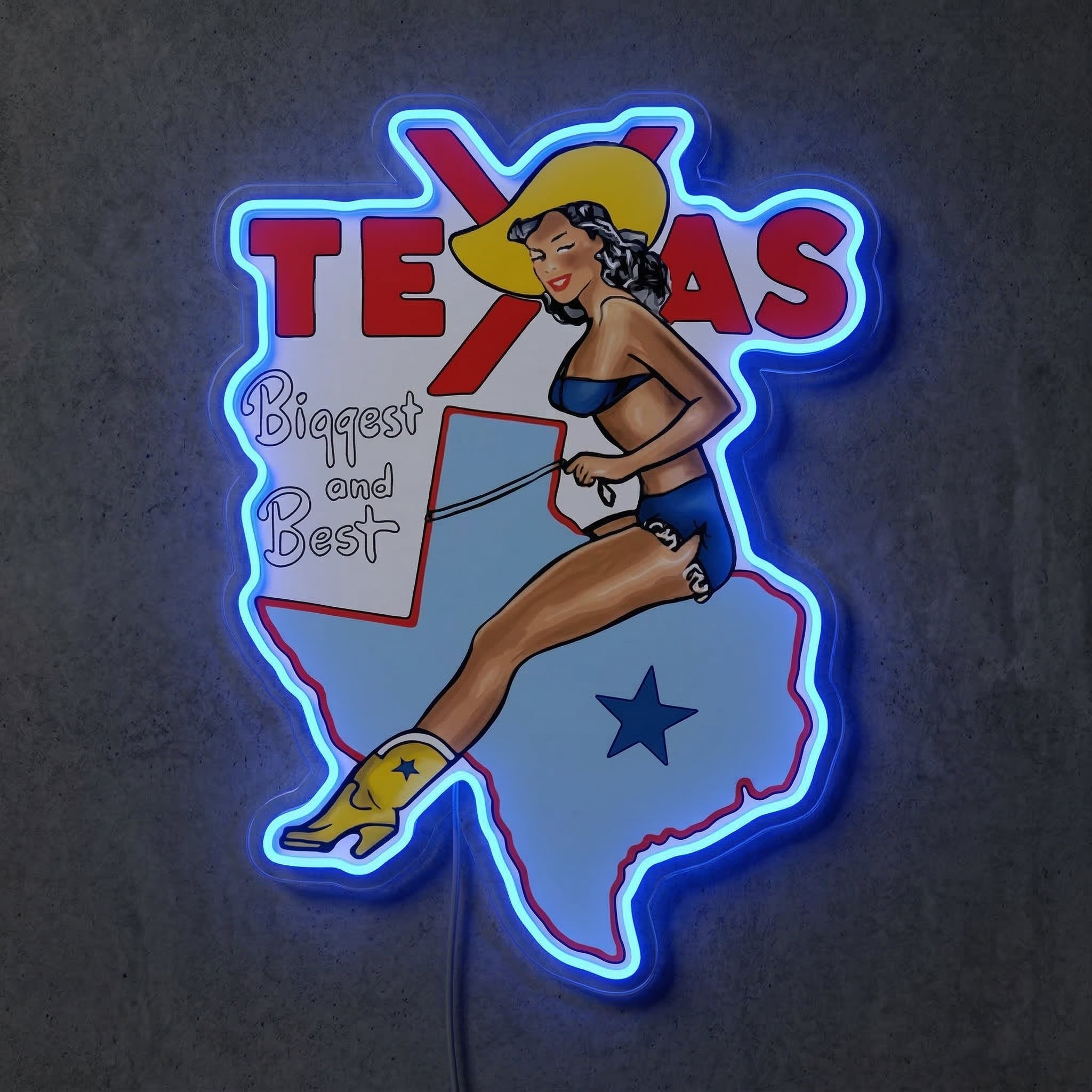 ShineNeon™ Retro Texas Pin - Up Girl Neon Sign Vintage Western Map Art Decor USB Power - Shineneon