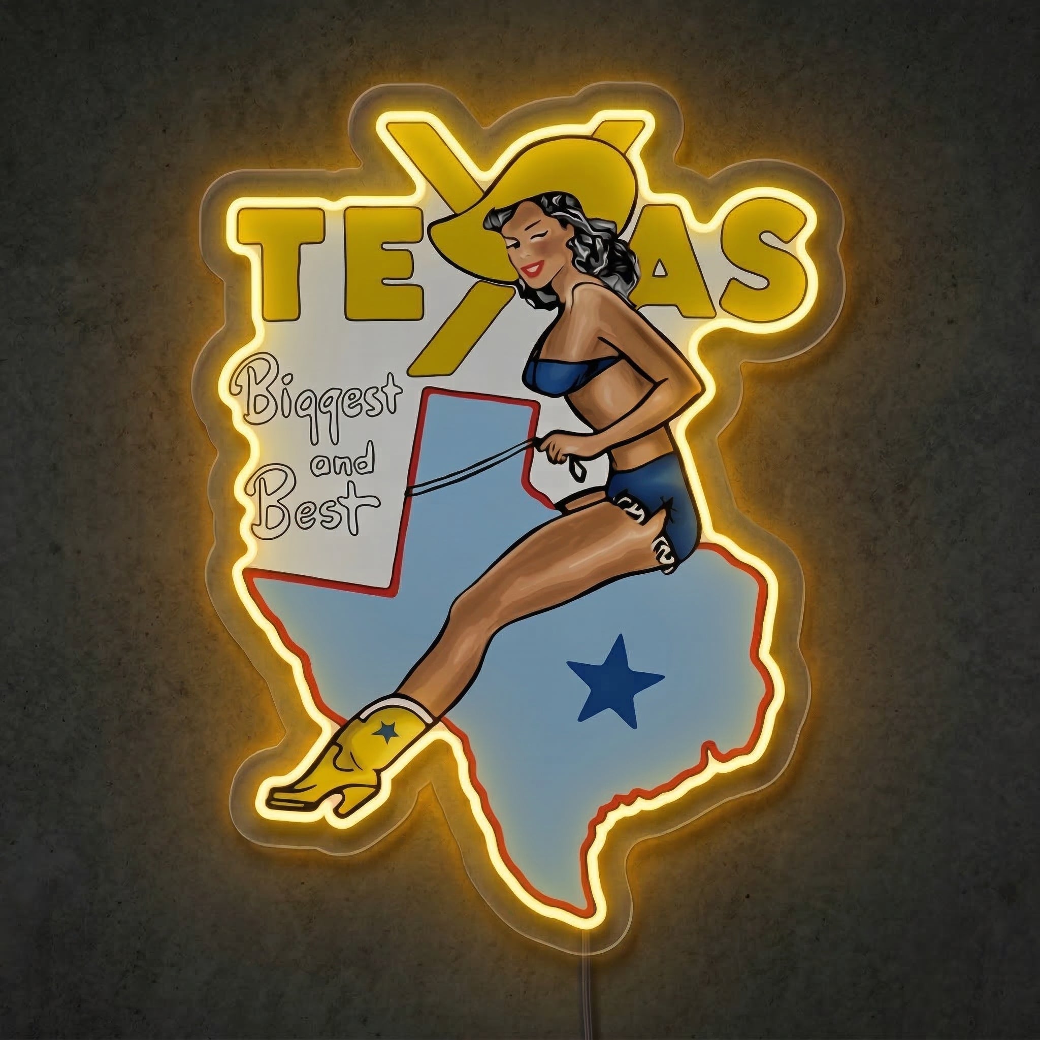 ShineNeon™ Retro Texas Pin - Up Girl Neon Sign Vintage Western Map Art Decor USB Power - Shineneon