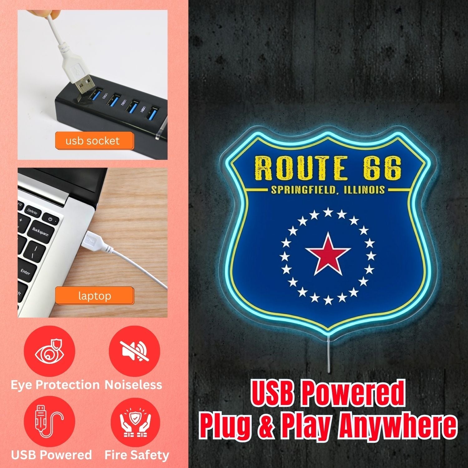 ShineNeon™ Route 66 Shield neon sign USB Power - Shineneon