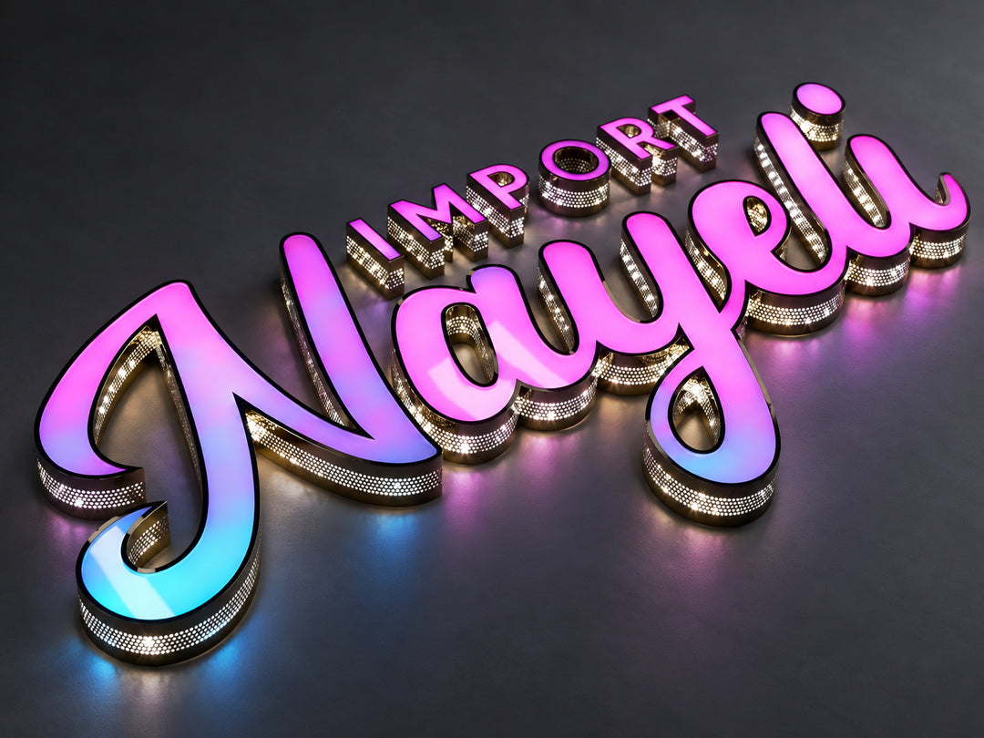 Reference-based visualization of dimensional letters with colourful faces and perforated illuminated sidewalls.