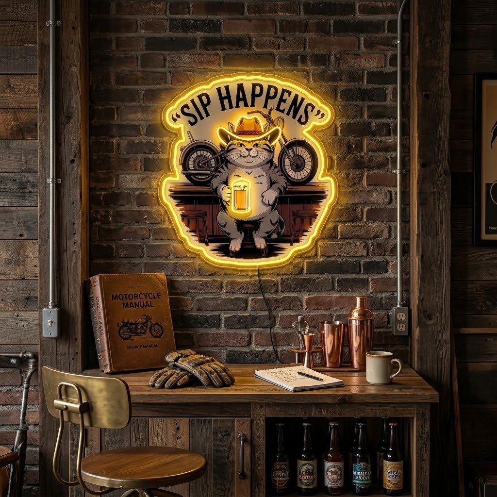 ShineNeon™ Sip Happens Cowboy Cat Bar Neon Sign USB Power - Shineneon