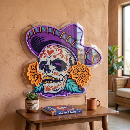ShineNeon™ Sombrero Sugar Skull Neon Sign - Vibrant Day of the Dead Wall Decor for Man Cave - Shineneon