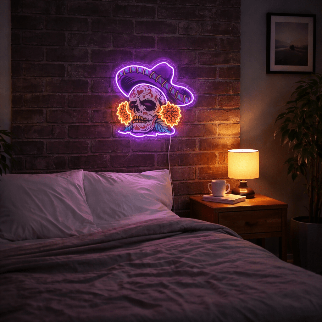 ShineNeon™ Sombrero Sugar Skull Neon Sign - Vibrant Day of the Dead Wall Decor for Man Cave - Shineneon