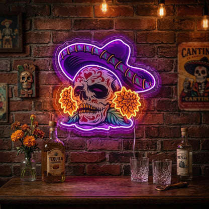 ShineNeon™ Sombrero Sugar Skull Neon Sign - Vibrant Day of the Dead Wall Decor for Man Cave - Shineneon