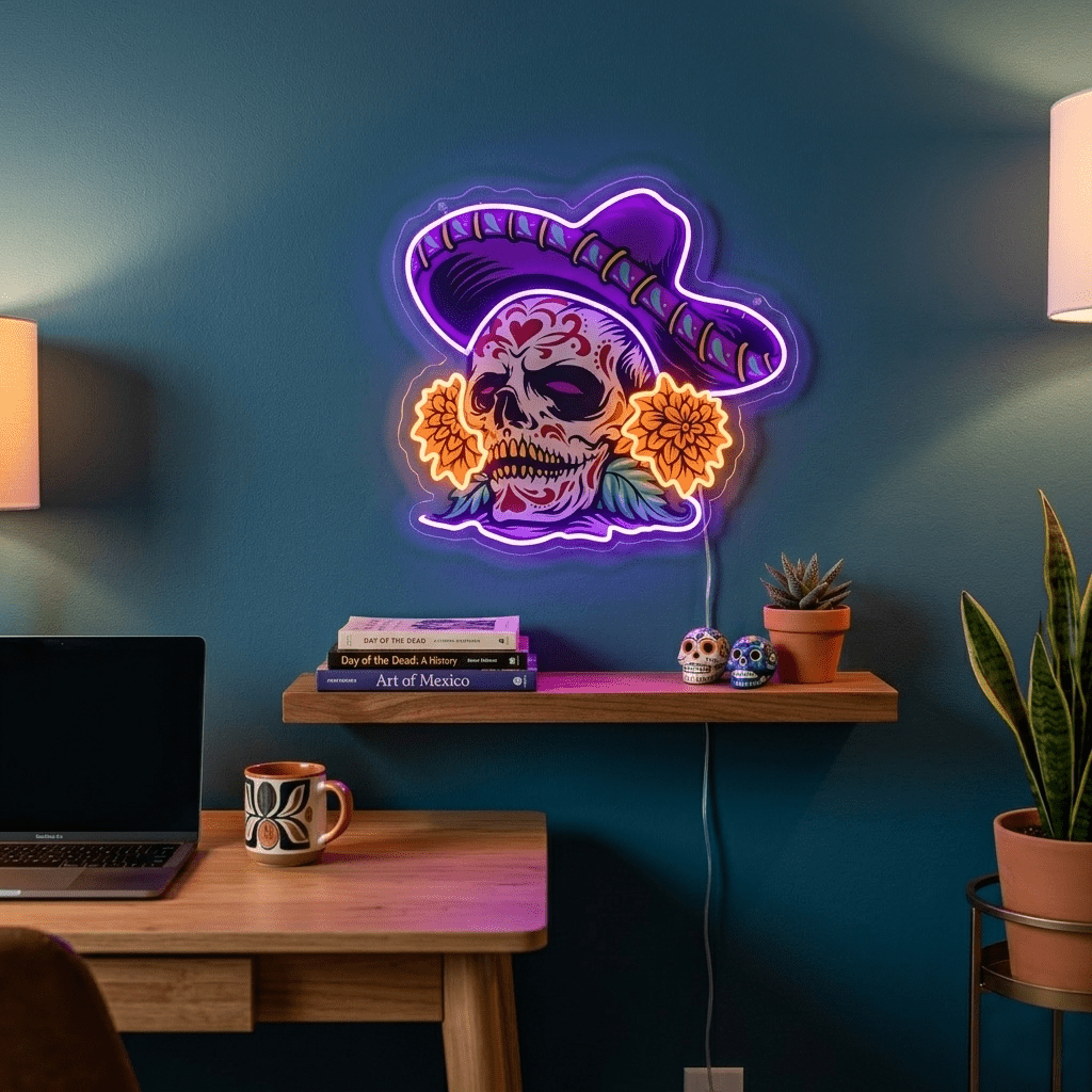 ShineNeon™ Sombrero Sugar Skull Neon Sign - Vibrant Day of the Dead Wall Decor for Man Cave - Shineneon