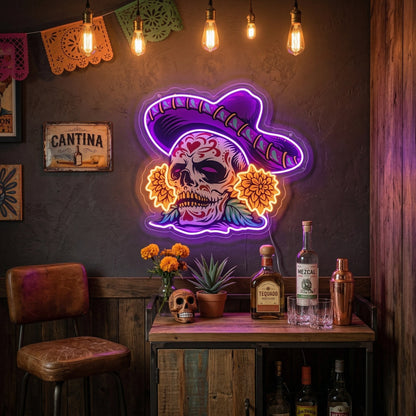 ShineNeon™ Sombrero Sugar Skull Neon Sign - Vibrant Day of the Dead Wall Decor for Man Cave - Shineneon