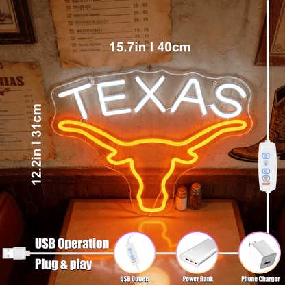 ShineNeon™ Texas Longhorn LED Neon Sign - Orange & White Western Decor for Bar Game Room or Man Cave - Shineneon