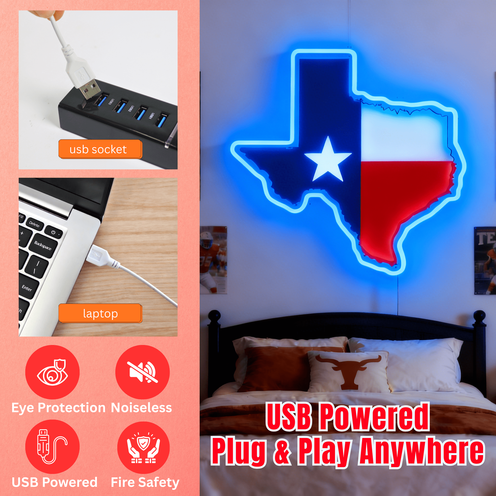 ShineNeon™ Texas Pride LED Neon Sign Collection - Flag & Longhorn for Bar Room Mancave wall Decor - Shineneon