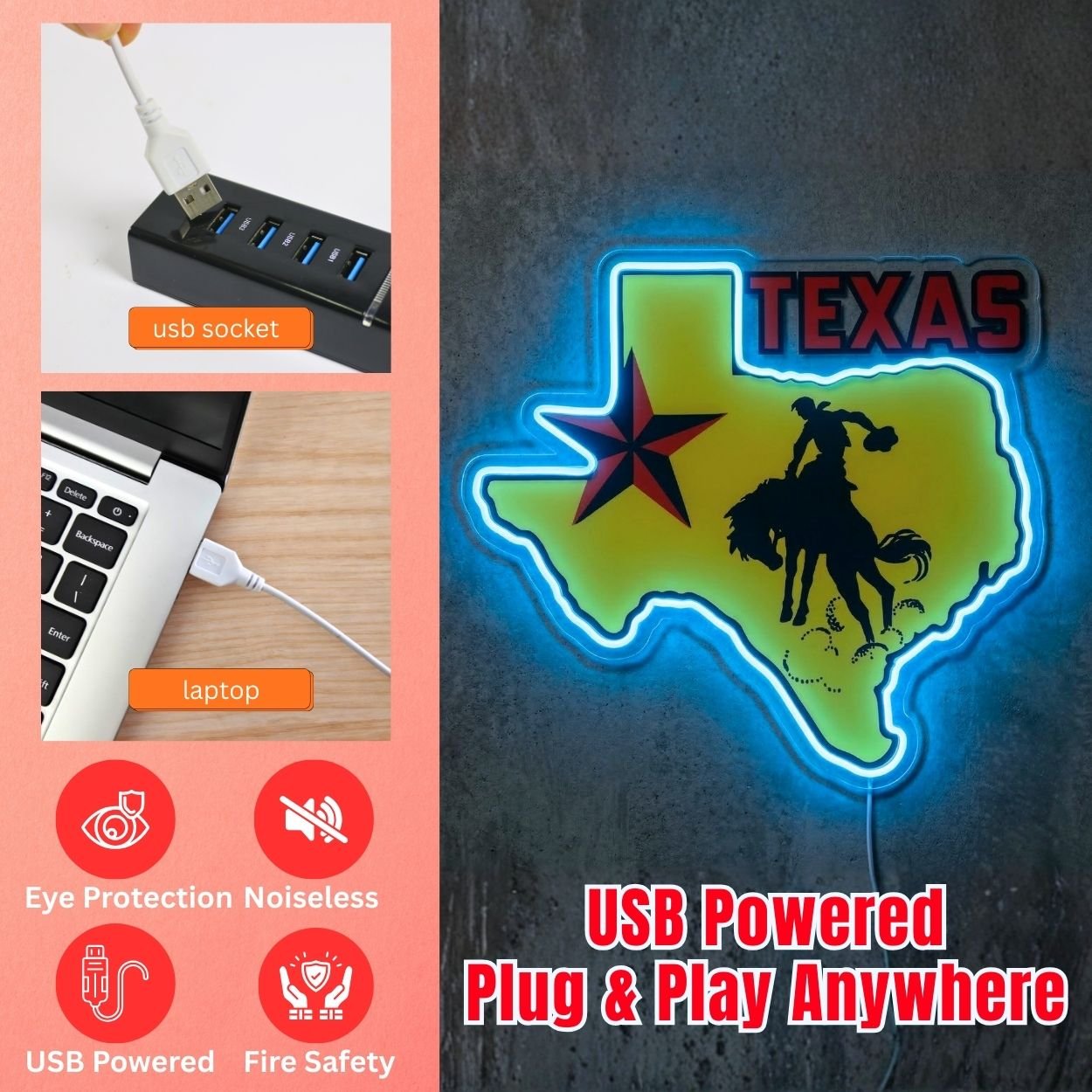 ShineNeon™ Texas State Pride Neon Sign Bucking Bronco Western Wall Decor USB Powered - Shineneon