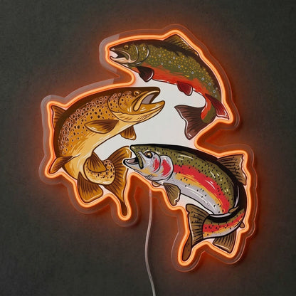 ShineNeon™ Trout Trio LED Neon Sign Rainbow Brown & Brook Trout Fishing Decor USB Power - Shineneon