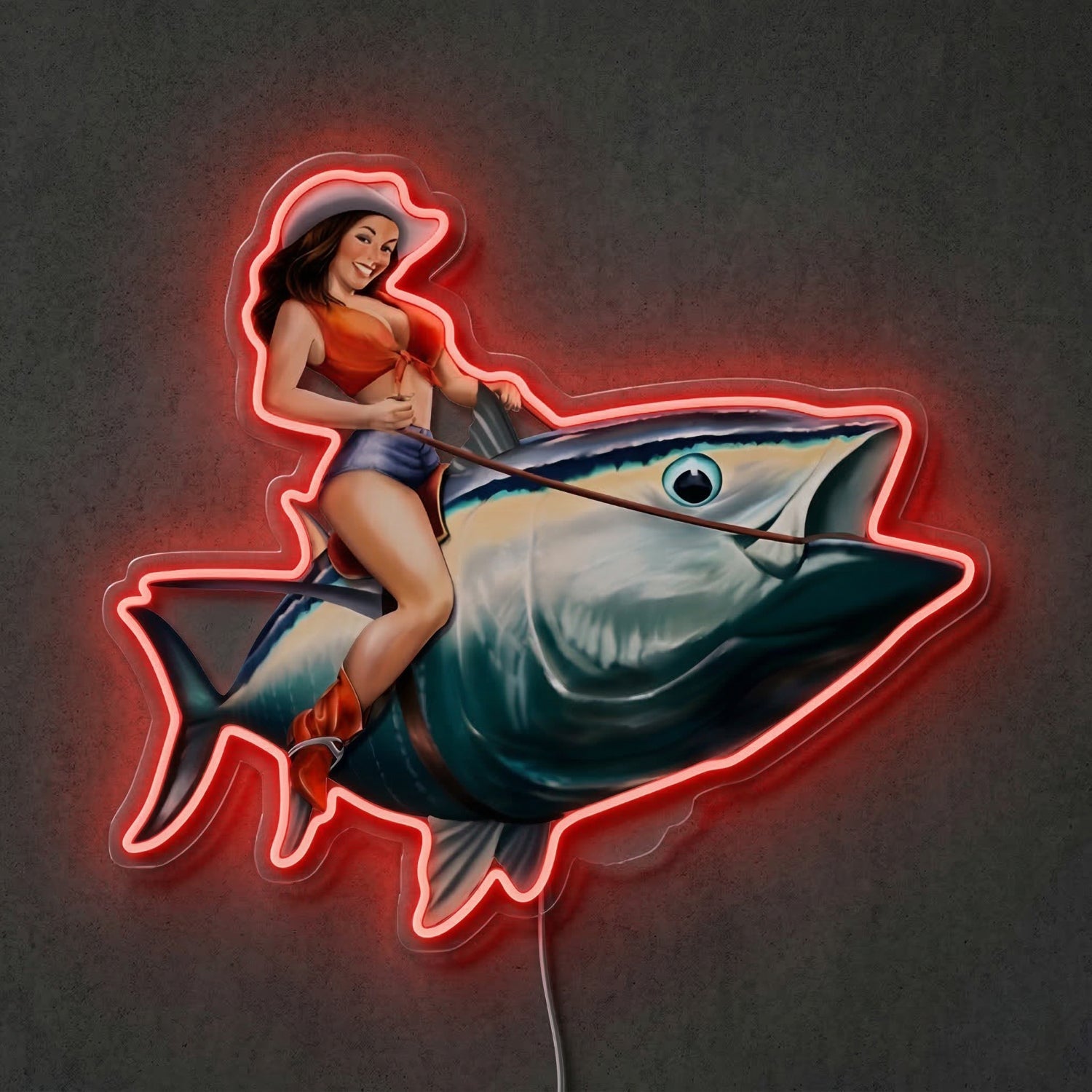 ShineNeon™ Tuna Rodeo Pin - Up Girl Neon Sign Coastal Fishing Wall Decor USB Powered - Shineneon