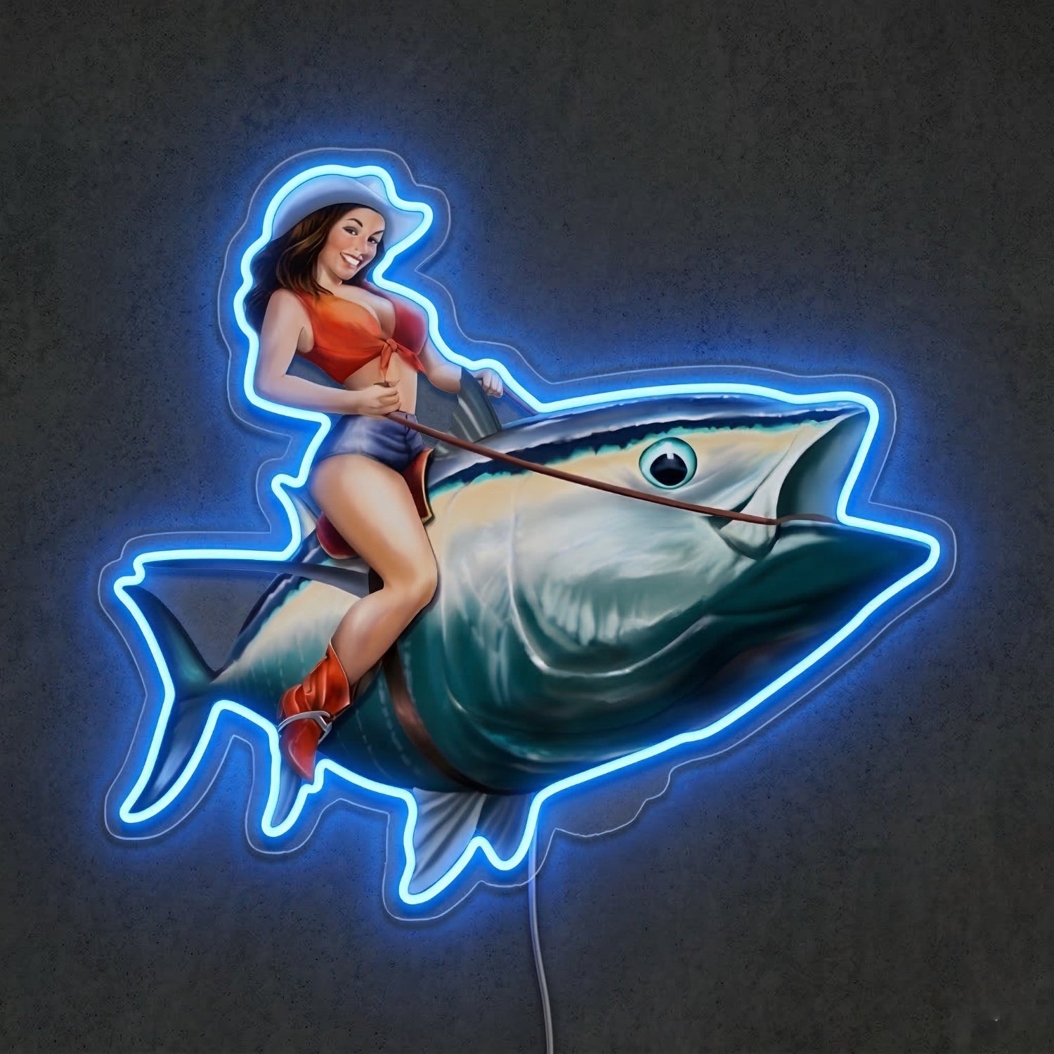 ShineNeon™ Tuna Rodeo Pin - Up Girl Neon Sign Coastal Fishing Wall Decor USB Powered - Shineneon