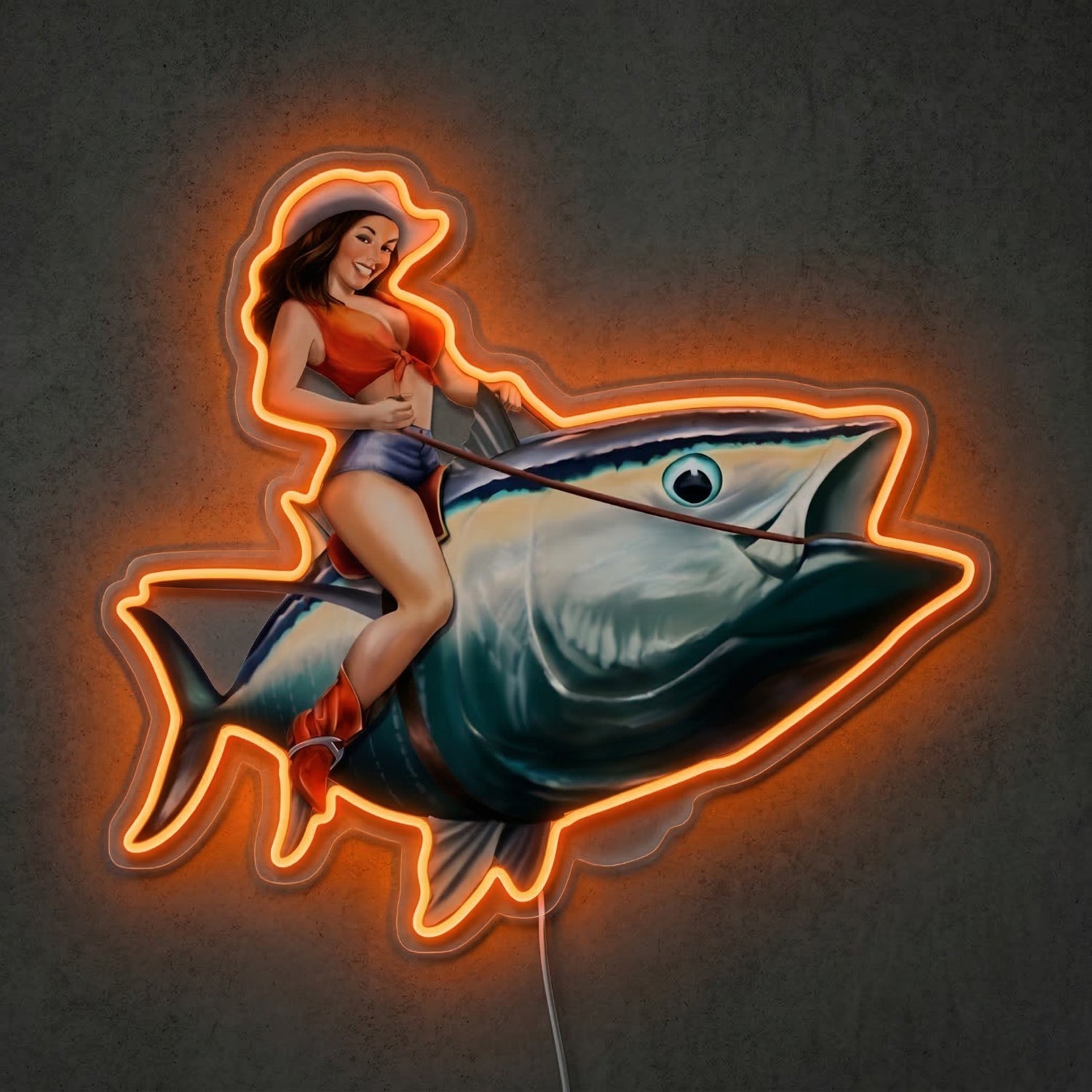 ShineNeon™ Tuna Rodeo Pin - Up Girl Neon Sign Coastal Fishing Wall Decor USB Powered - Shineneon