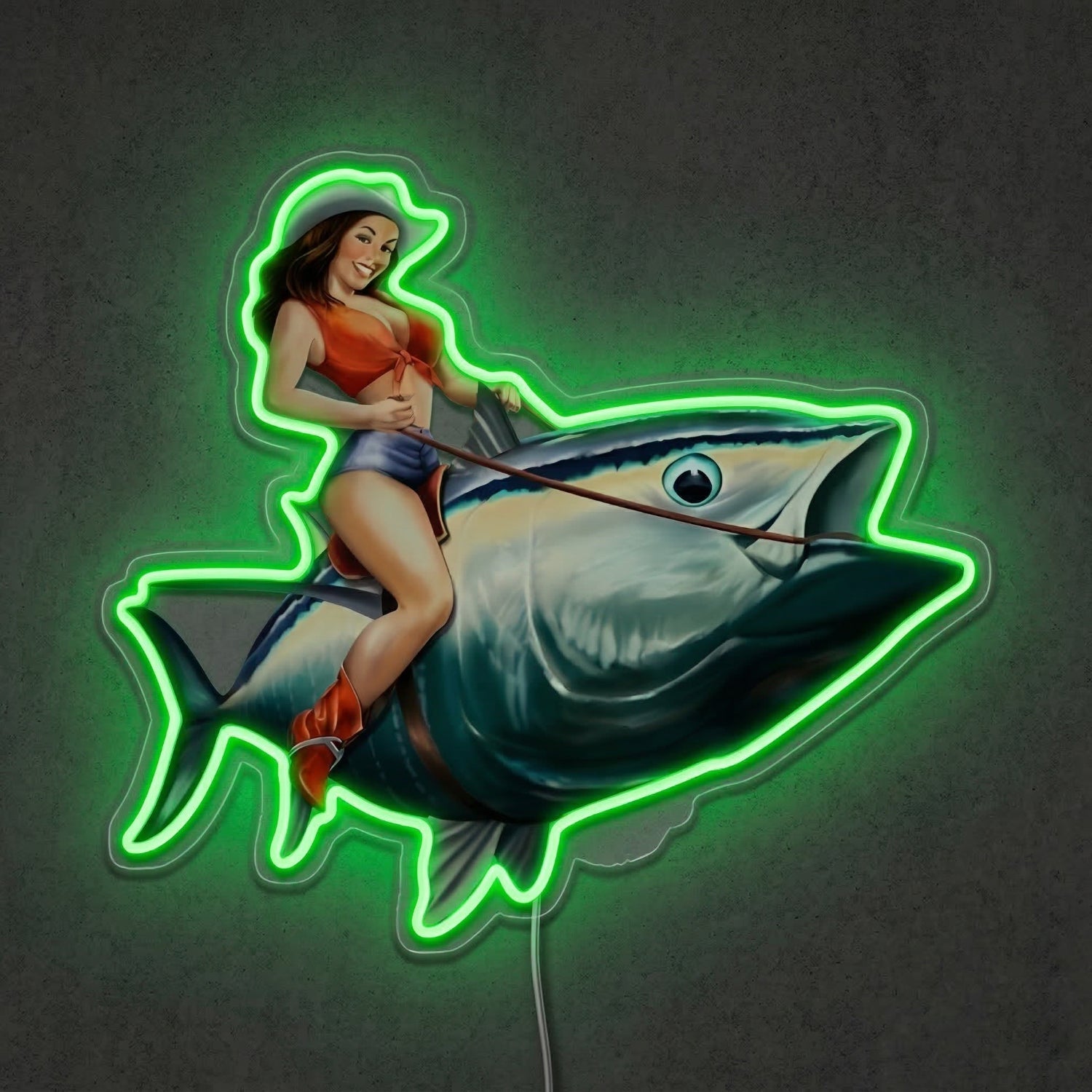 ShineNeon™ Tuna Rodeo Pin - Up Girl Neon Sign Coastal Fishing Wall Decor USB Powered - Shineneon