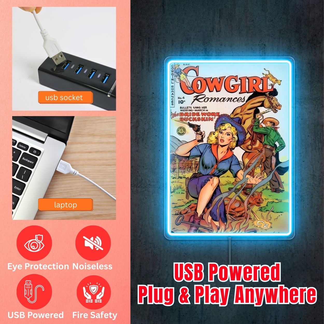 ShineNeon™ Vintage Cowgirl Romances Neon Sign Retro Comic Book Wall Art USB Powered Sign - Shineneon