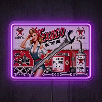 ShineNeon™ Vintage Texaco Motor Oil Pin - Up Neon Sign Garage & Man Cave Art USB Power - Shineneon
