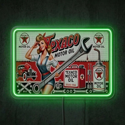 ShineNeon™ Vintage Texaco Motor Oil Pin - Up Neon Sign Garage & Man Cave Art USB Power - Shineneon