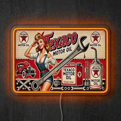 ShineNeon™ Vintage Texaco Motor Oil Pin - Up Neon Sign Garage & Man Cave Art USB Power - Shineneon