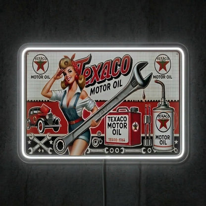 ShineNeon™ Vintage Texaco Motor Oil Pin - Up Neon Sign Garage & Man Cave Art USB Power - Shineneon