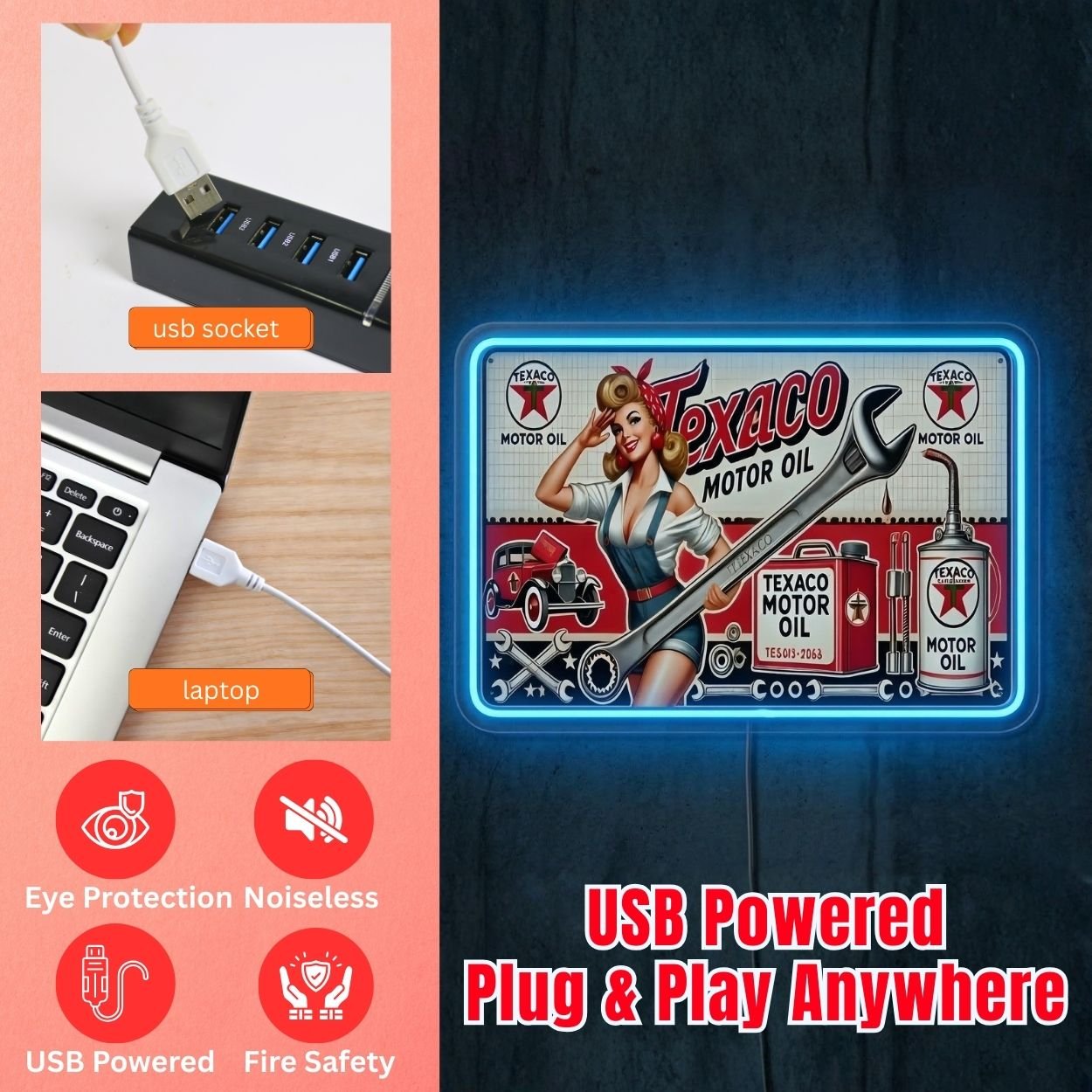 ShineNeon™ Vintage Texaco Motor Oil Pin - Up Neon Sign Garage & Man Cave Art USB Power - Shineneon