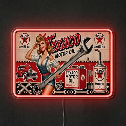 ShineNeon™ Vintage Texaco Motor Oil Pin - Up Neon Sign Garage & Man Cave Art USB Power - Shineneon