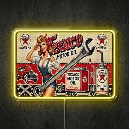 ShineNeon™ Vintage Texaco Motor Oil Pin - Up Neon Sign Garage & Man Cave Art USB Power - Shineneon