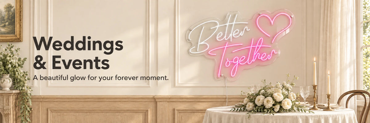 Pink and white Better Together neon sign above an elegant wedding table