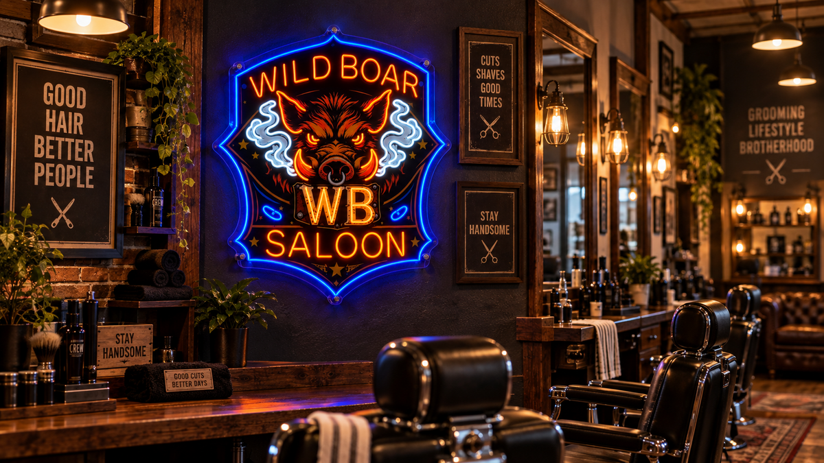Wild Boar neon sign visualized in a warm barbershop interior.
