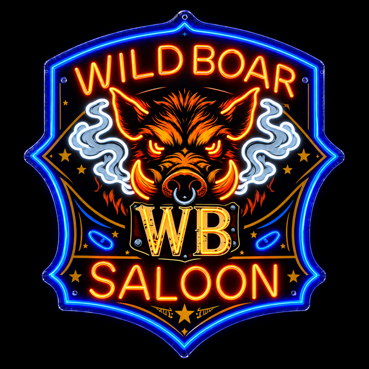 Wild Boar Saloon logo with orange and white LED lighting and a blue illuminated outline.