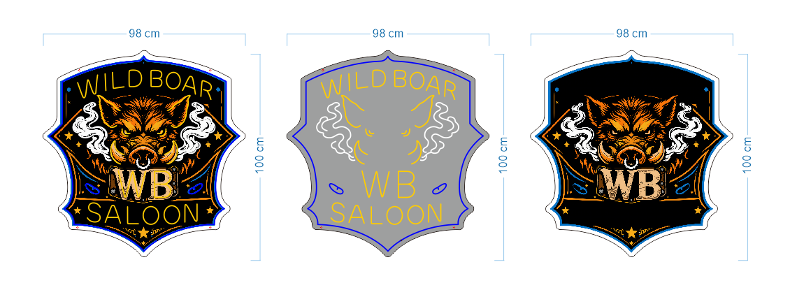 Wild Boar design, 98 cm wide by 100 cm high. Left to right: combined design, LED layout and UV printed artwork.