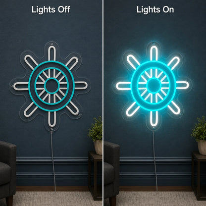 Ship Wheel LED Neon Sign day and night comparison