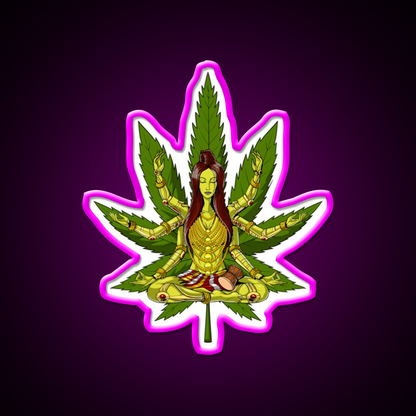 Shiva Weed Meditation Hemp Inspired Green Leaf Led Neon Sign Rgb Color - Neon sign mounted on wall in room
