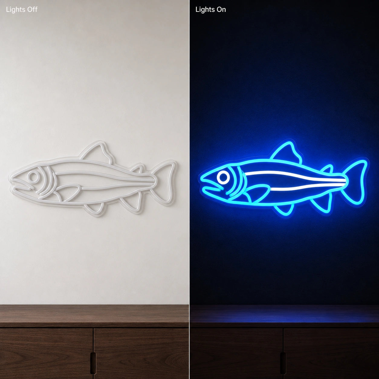 Side Profile Salmon Fish LED Neon Sign Garage Man Cave Neon Sign day and night comparison