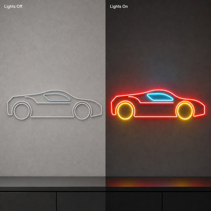Side Profile Sports Car LED Neon Sign Garage Man Cave Neon Sign day and night comparison