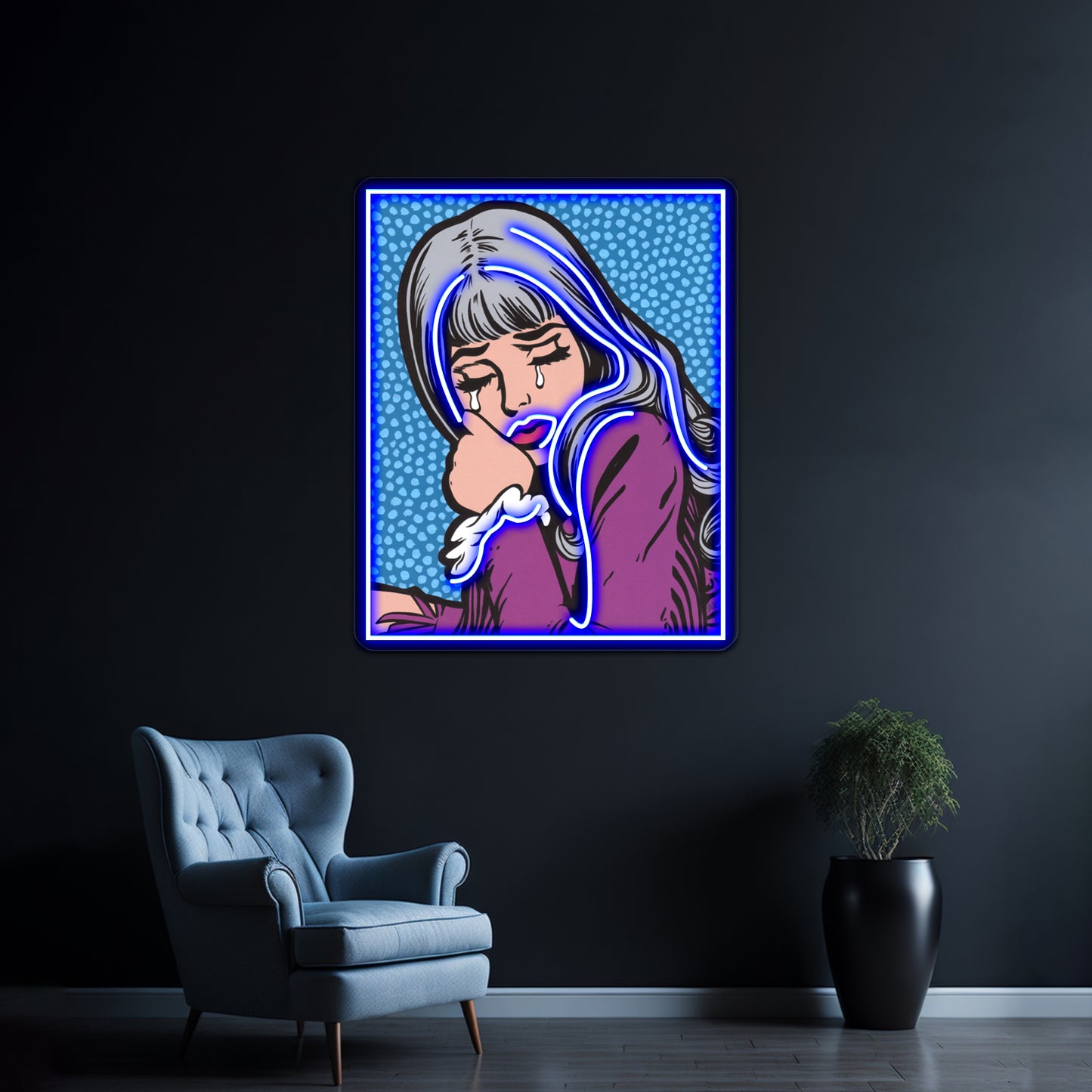 Silver Hair Crying Comic Girl Artwork Custom Led Signs