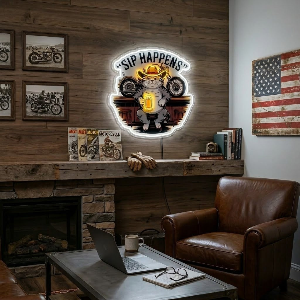 ShineNeon™ Sip Happens Cowboy Cat Bar Neon Sign USB Power#color_white