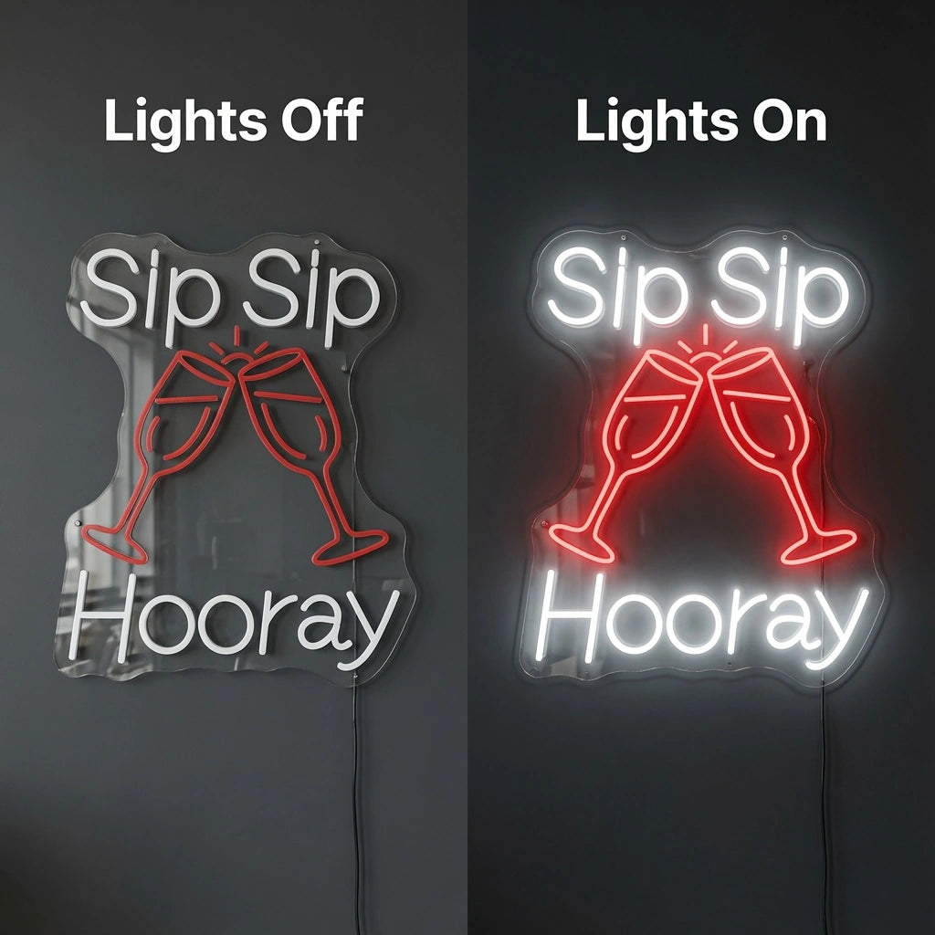 Sip Sip Hooray LED Neon Sign Wall Neon Sign - 06 Day Night Comparison