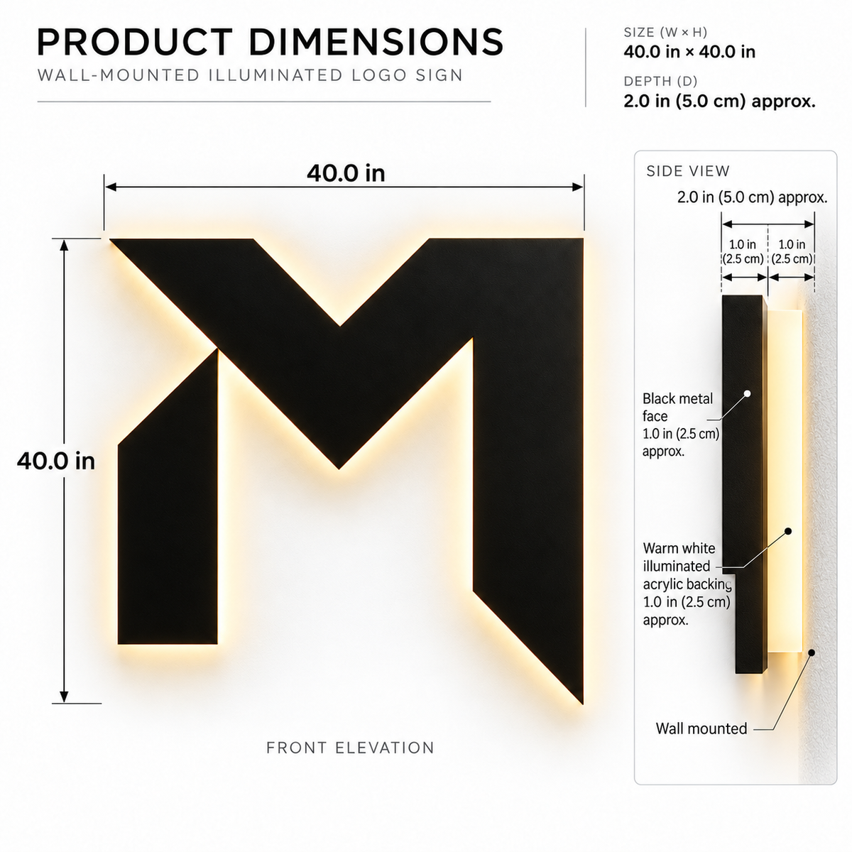 Custom 40" Black Metal Backlit M Logo Sign – Warm White LED