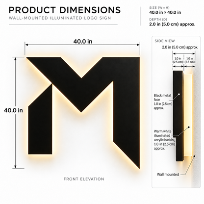 Custom 40" Black Metal Backlit M Logo Sign – Warm White LED