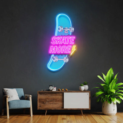 Skate More Skateboard Lightning Blue-Pink-Yellow Uv Printed Led Neon Sign For Wall Art | Shineneon