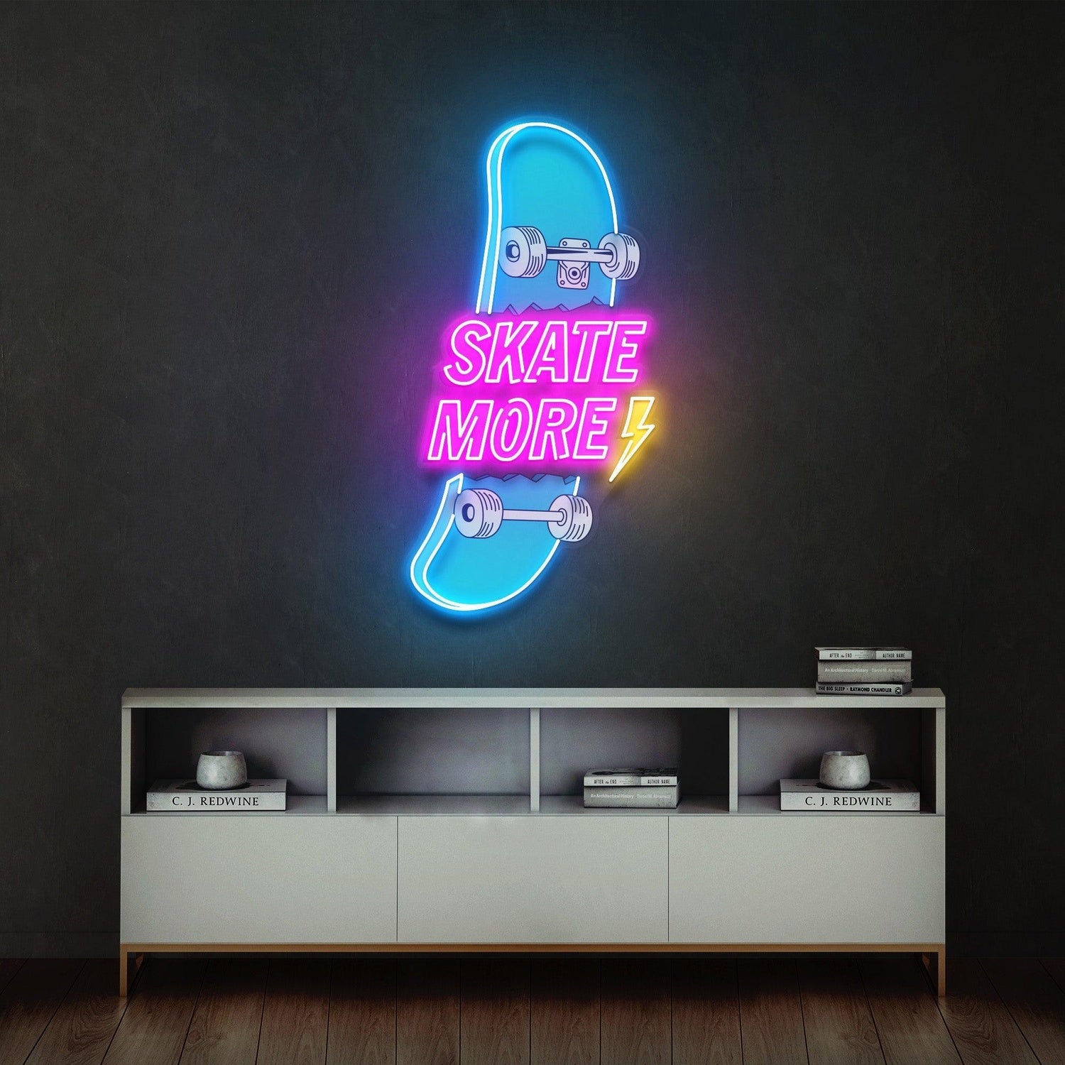 Skate More Skateboard Lightning Blue-Pink-Yellow Uv Printed Led Neon Sign For Wall Art | Shineneon
